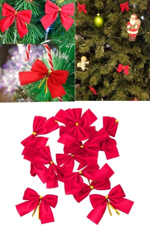 12 Adet Kırmızı Yılbaşı Çam Ağaçı Fiyonk Kurdele Yeni Yıl Noel Parti Dekorasyon Süsleri 7-5x5cm - 4