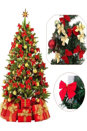 12 Adet Kırmızı Yılbaşı Çam Ağaçı Fiyonk Kurdele Yeni Yıl Noel Parti Dekorasyon Süsleri 7-5x5cm - 5