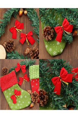 12 Adet Kırmızı Yılbaşı Çam Ağaçı Fiyonk Kurdele Yeni Yıl Noel Parti Dekorasyon Süsleri 7-5x5cm - 6