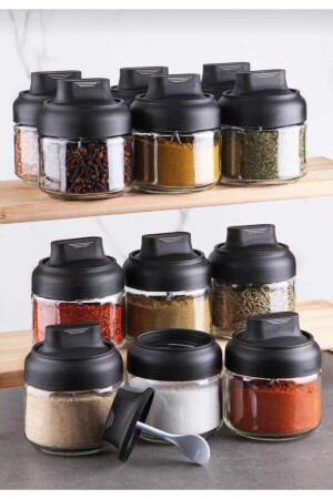 12 Adet Mat Kapaklı Kendinden Kaşıklı Baharatlık Seti - 300 Ml -kilitli Baharatlık Etiket Hediyeli KLTBHRT0000014 - AŞKIN RENGİ
