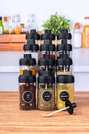 12 Li Kapağı Kendinden Kaşıklı Cam Baharat Takımı Kilitli Kapak-300 ml Baharatlık Baharat Seti KRM 012589 - KRM HOME