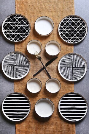 12 Parça 6 Kişilik Stackable Pop Black White Kahvaltı Takımı - Lüx Kahvaltılık Sunum Tabağı Seti - Kitchen Life