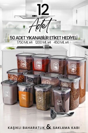 12-teiliges beschriftetes quadratisches Frischhaltedosen- und Gewürzglas-Set mit Löffel (1750 ml, 1200 ml, 400 ml) MCH009504 - 2