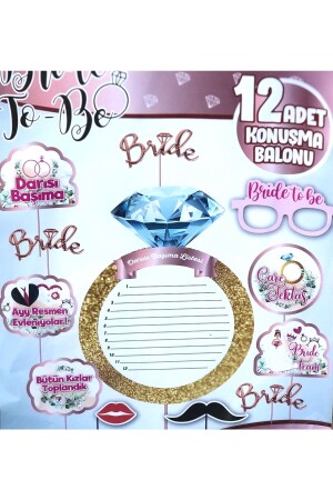 12-teiliges Deko-Set für Junggesellinnenabschiede mit Sprechblasen-Milllet-Liste und dem Motto „Bride To Be“. - 1