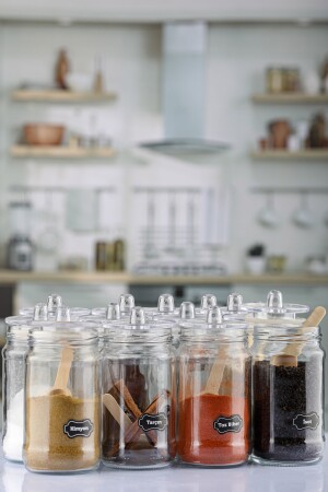 12-teiliges Gewürzdosen-Set aus Glas mit Vakuumgriff, Deckel, Bambuslöffel und Etikett. NEUER TREND - 2