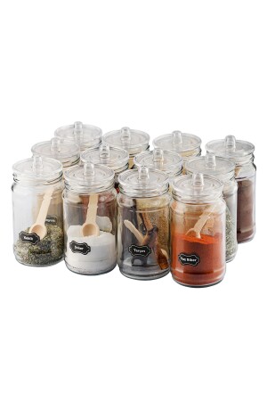 12-teiliges Gewürzdosen-Set aus Glas mit Vakuumgriff, Deckel, Bambuslöffel und Etikett. NEUER TREND - 3