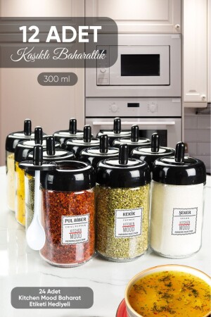 12-teiliges Gewürzdosen-Set mit Deckel, Löffel und Etikett, 300 ml beschriftetes Glas-Gewürzset kitchenmood1 - 1