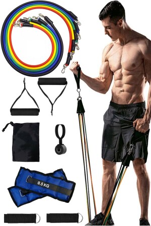 12-teiliges Set mit Tasche, 5 verschiedenen Widerstands-Pilates- und Kraftreifen – Sandsack-Set mit Hinter-der-Tür-Gerät - 1