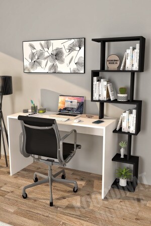 120x50 Praktischer Schreibtisch mit Bücherregal Weiß Schwarz Praktischer Schreibtisch - 1