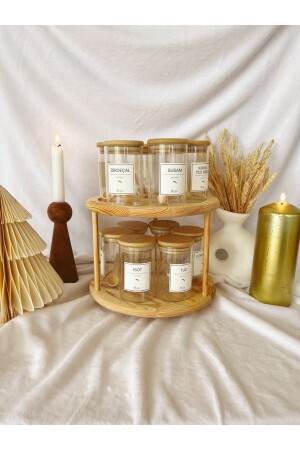 12li Ahşap Döner Standlı Baharat Seti 300ml 12 Adet Ahşap Kaşık Kai308 - KaiHome