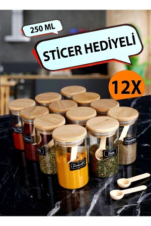 12'li Etiketli Bambu Kapaklı 250 Ml Kavanoz Ve 12 Adet Mini Baharat Kaşığı 24 Parça Baharat Seti 1302251 - 2