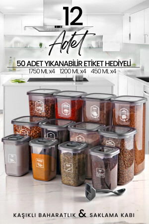 12'li Etiketli Kare Erzak Saklama Kabı Ve Kaşıklı Baharatlık Seti (1750ML 1200ML 400 ML) MCH009504 - 3