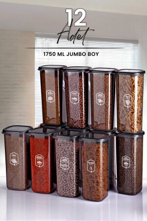 12'li Jumbo Boy Etiketli Square Kare Erzak Saklama Kabı Seti 1750 ml - Sert Kapak Büyük Kavanoz MCH09175 - 1