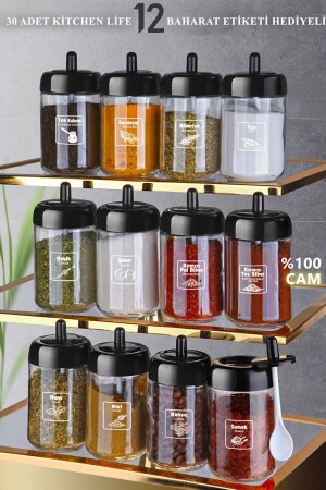 12'li Kapağı Kendinden Kaşıklı Ve Etiketli Baharatlık Seti 300 ml Gold Etiketli Cam Baharat Takımı - Kitchen Life
