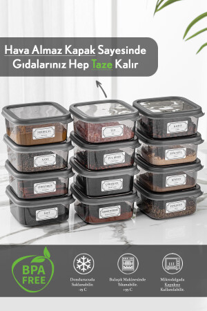 12'li Kapaklı Kare Erzak Saklama Kabı Seti Baharatlık Seti Etiketli 12x 300 ml MCH-644 - 5