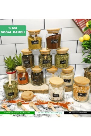 12'li Naturel Bambu Kapaklı, Vakumlu Lüx Cam Baharat Seti - Kaşıklı Etiketli - %100 DOĞAL BAMBU - Karçiçeği Home