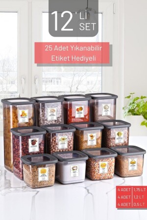 12'li Set Etiketli, Kırılmaz Kare Erzak Saklama Kabı Antrasit X4 1,75 Lt-1,2 Lt-0,5 Lt NDY-12SET-KMP-01 - Nandy Home