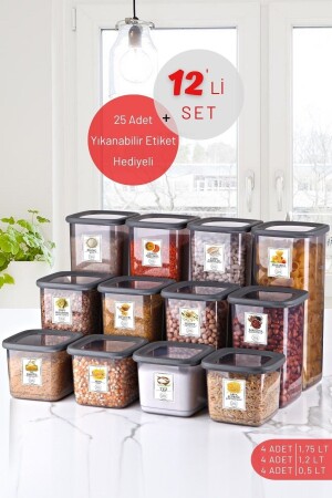 12'li Set Etiketli, Kırılmaz Kare Erzak Saklama Kabı Antrasit X4 1,75 Lt-1,2 Lt-0,5 Lt TYC00600436270 - Nandy Home