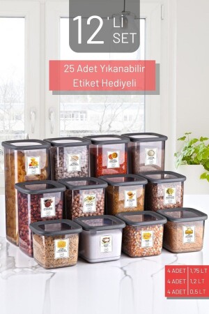 12'li Set Etiketli, Kırılmaz Kare Erzak Saklama Kabı Antrasit X4 1,75 Lt-1,2 Lt-0,5 Lt NDY-12SET-KMP-01 - 1