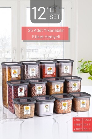 12'li Set Etiketli, Kırılmaz Kare Erzak Saklama Kabı Antrasit X4 1,75 Lt-1,2 Lt-0,5 Lt NDY-12SET-KMP-01 - 3