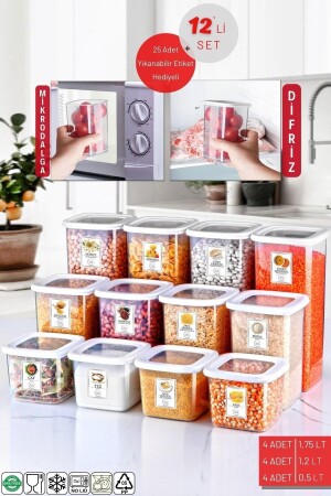 Set mit 12 beschrifteten, unzerbrechlichen, quadratischen Frischhaltedosen in Weiß - Nandy Home