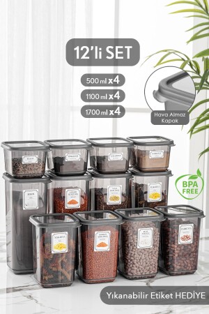 12'li Set Pino Etiketli Kare Erzak Saklama Kabı Seti Antrasit 4x(0,50 LT-1,10 LT -1,70 LT) MCH-419 - 2