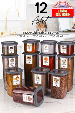 12'li Silikon Kapaklı Etiketli Kare Erzak Saklama Kabı Seti X4(550ML-1200ML-1750 ML) Hava Almaz TYC00434843974 - 2