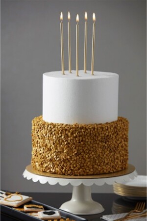 14 Cm Gold Varaklı Mum 6'lı Altın Sarısı Ince Uzun Doğum Günü Parti Süsü Pasta Yaş Mumu Ve Altlığı - 2