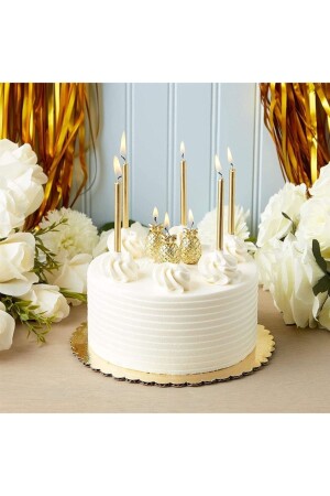 14 Cm Gold Varaklı Mum 6'lı Altın Sarısı Ince Uzun Doğum Günü Parti Süsü Pasta Yaş Mumu Ve Altlığı - 3
