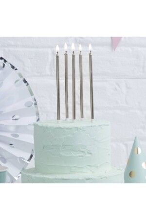 14 Cm Gümüş Varaklı Mum 6'lı Gri Silver Ince Uzun Doğum Günü Parti Süsü Pasta Yaş Mumu Ve Altlığı - Huzur Party Store