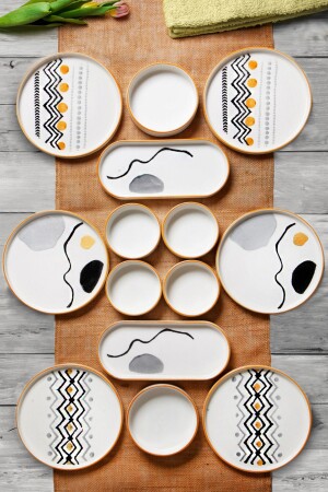 14 Parça 6 Kişilik Axial Stackable Kahvaltı Takımı - Lüx Kahvaltılık Sunum Seti Tabağı - Kitchen Life