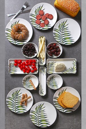 14 Parça 6 Kişilik Handmade Dağ Palmiyesi Desen Kahvaltı Takımı - Lüx Kahvaltılık Sunum Seti - 1