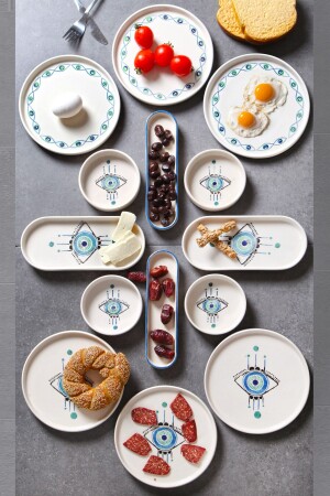 14 Parça 6 Kişilik Handmade Göz Desen Kahvaltı Takımı - Lüx Kahvaltılık Sunum Seti - 1