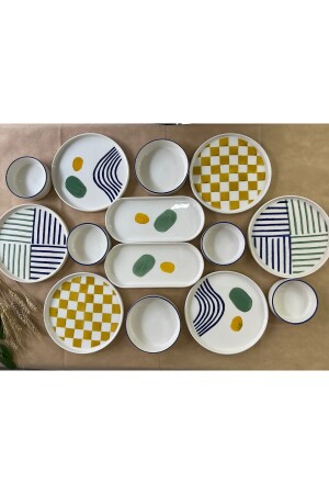 14 Parça 6 Kişilik Handmade Modern Kahvaltı Takımı. Lüx Kahvaltılık Sunum Tabağı Seti Modern Desenli kahvaltı Seti - 3