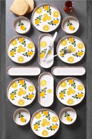 14 Parça 6 Kişilik Stackable Limon Desen Kahvaltı Takımı Handmade Özel Tasarım Kahvaltılık SrmkKahvaltı - 2