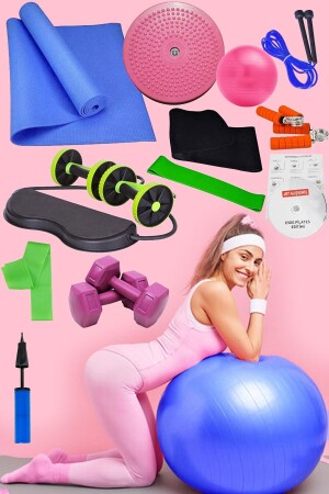 14 Pilates-Ball-Set, Platten, Matte, 1 kg, Hantel, Aerobic-Band, auf Rädern, elastisches Sportgerät, Blau - 1