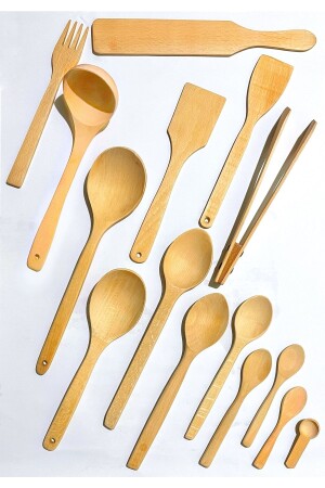 15 Parça Yağlı Kayın Ahşap Kaşık Tahta Spatula Servis Kepçe Ağaç Çatal Maşa Seti YNGN15YĞLKYN81 - Kitchen Mania