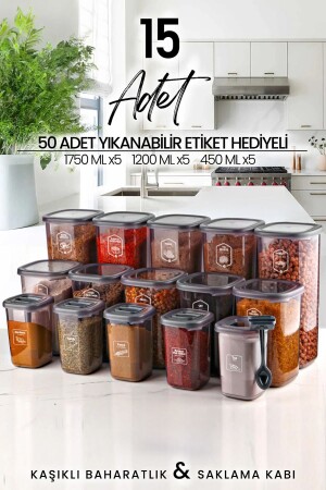 15'li Etiketli Kare Erzak Saklama Kabı Ve Kaşıklı Baharatlık Seti - (1750ML 1200ML 400 ML) MCH009505 - 2