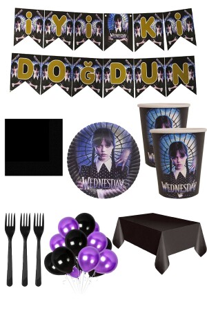 16 Kişilik Wednesday Tabak- Bardak Yazı Balon Seti- Addams Wednesday Parti Doğum Günü Parti Süsleri - Parti Dolabı
