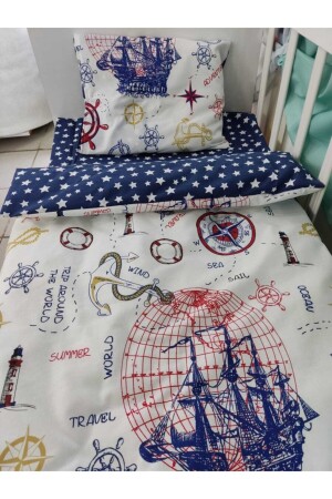 (منز) - القطن الأطفال الشباب الواحد غطاء القماش المعدس الجديد بحرية البحارة النجم الأزرق 1675 - Bebek Özel