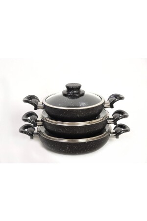 18-20-22 Cm Çift Kulp Kapaklı Siyah Gümüş Granit Efektli 3 Lü Omlet-sahan Tava Seti asalhome0017 - ASAL HOME