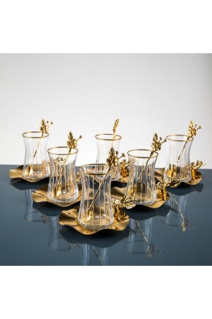 م.ن.ز. اليابانية الورد الذهبية المزينة بالمعدن الذهبية لون الصودا 18 قطعة صودا للشاي مجموعة 6 أشخاص 18 عصا التشوية - Paşabahçe