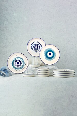 صناعة من قبل اليد من 18 قطعة وجبة إفطار قابلة للتجميع مع كريات العين الشريرة ومتعة الشاي المعدل لـ 6 أشخاص - Kevin Seramik