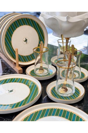 18 Parça Modern Piano Bird Green Pasta Çay Saati Seti - Onedekor