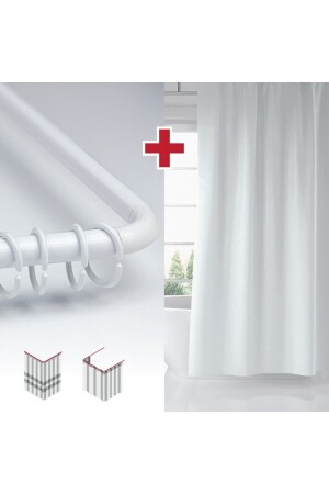 منز-بيضاء اللون الحمام الستارة مع هانجر هدية 180x200cm واحد جناح حمام الستارة - L أنبوب هدية - Tropikhome