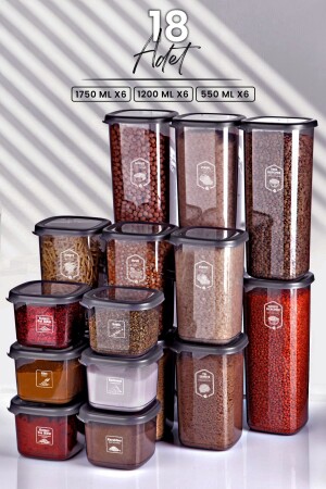 18'li Etiketli Square Kare Erzak Saklama Kabı Seti x6(550ml-1200ml-1750ml) Sert Kapaklı Kavanoz MCH09175 - Kitchen Life