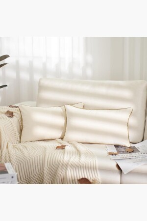 مجموعة من 2 كريم مستطيلة غطاءات رمي الرمي مع أطراف ذهبية - نسيج ناعم 2 قطع 30 x 50 سم - Bc Home