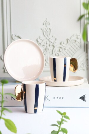 مجموعة من 2 تصميمات خاصة 24k ذهب حقيقي مزين كوبات قهوة صارخة يدويًا 90ml ذهبية مظلمة زرقاء-1 - ada mia seramik