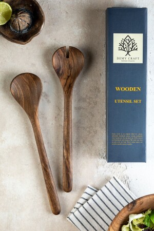 مـنـز - والنوت خشب يدوي 2 قطعة سلطة الخدمة مجموعة - ملعقة خشبية وفرق - 30 سم. - Demy Craft