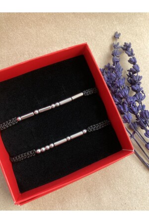 مـنـز-هيماتيت - 2 قطع حجر طبيعي - كود مورس - سوار زوجين عشاق - سوار لون الفضة هدية - صندوق - لولا55 - AidaAstrid